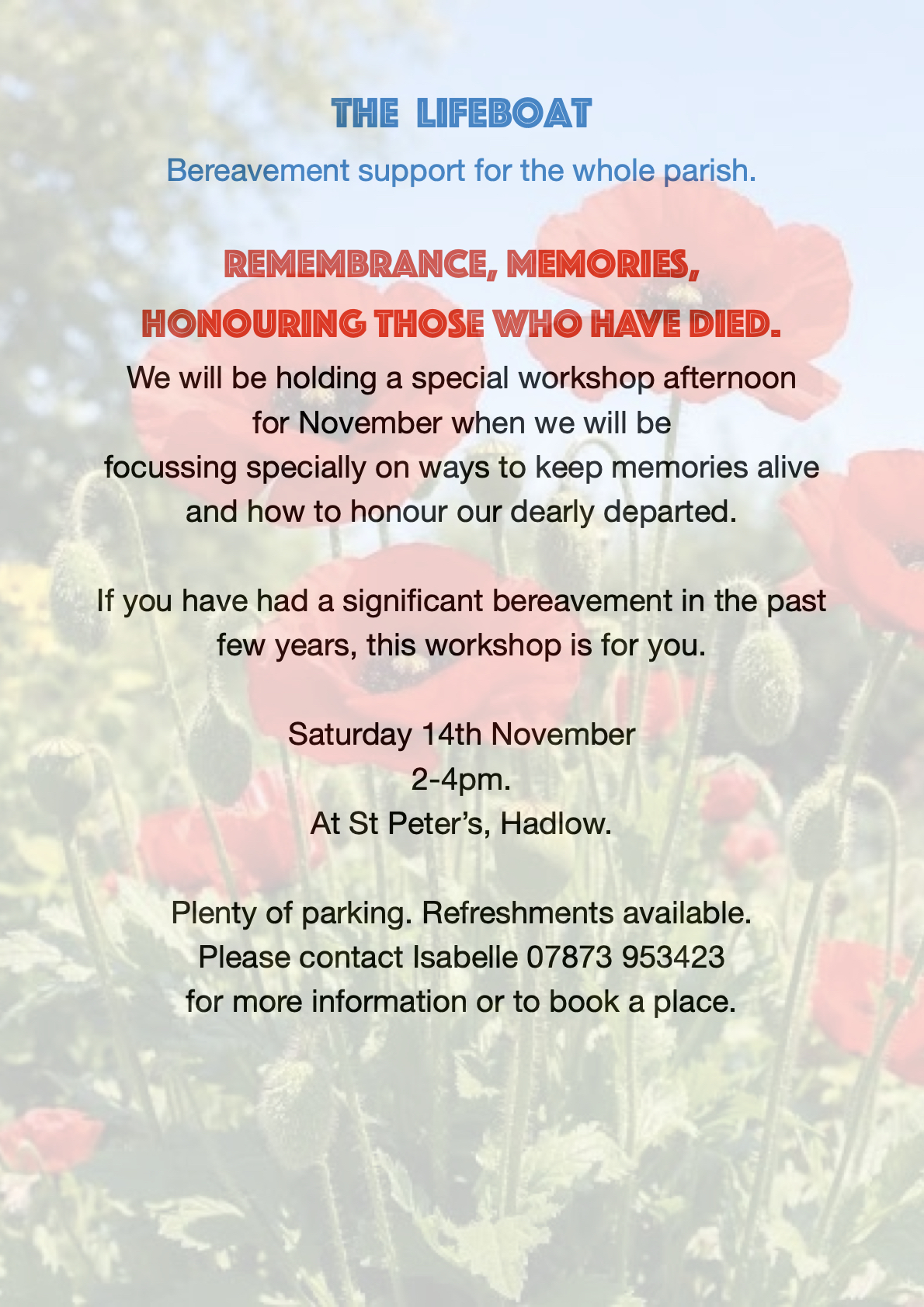 "Lifeboat" Bereavement Workshop for November